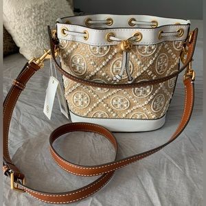 Tory Burch T Monogram Straw Bucket Bag